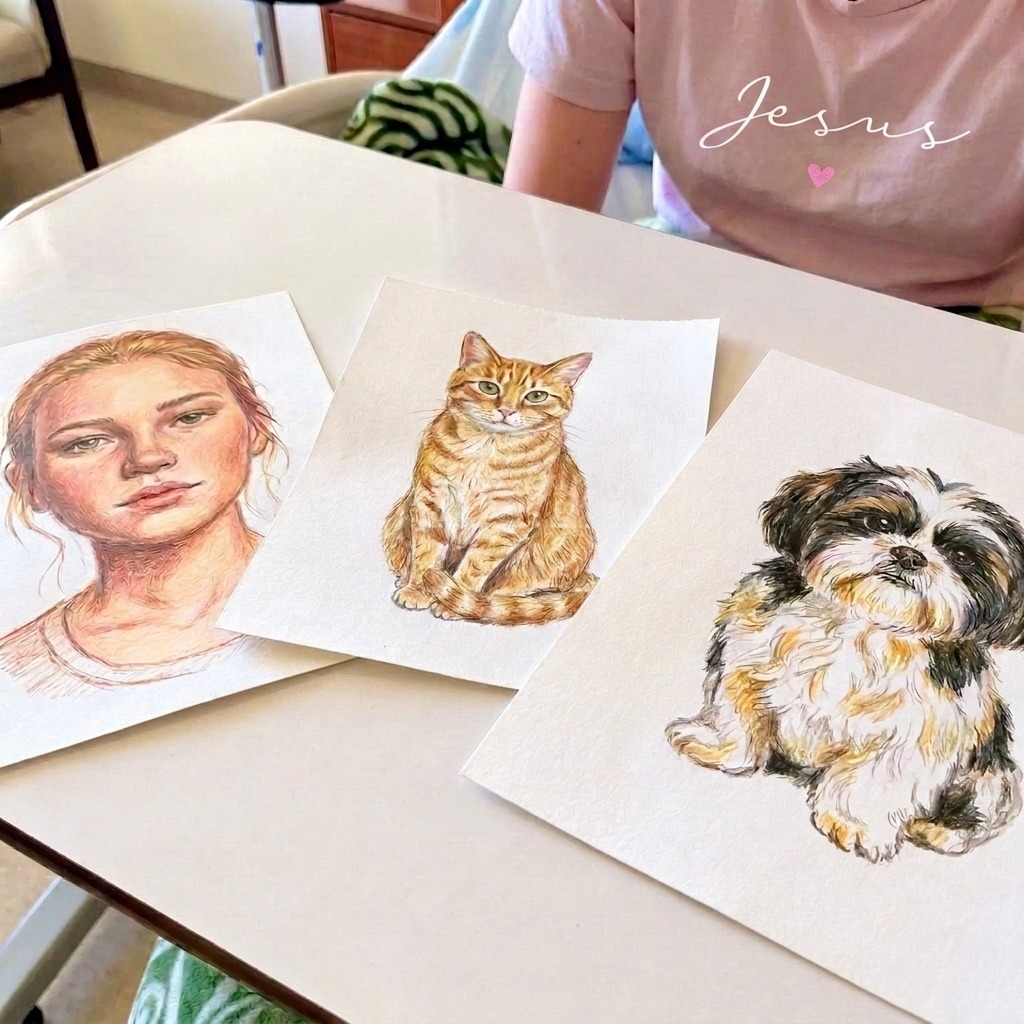 Artwork Sample 1 - Semi-Realistic Portrait & Pet in Graphite
